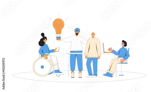 Brainstorming business meeting. Diverse group of professionals working together on a project. teamwork people. Coworkers talking about their startup idea.
