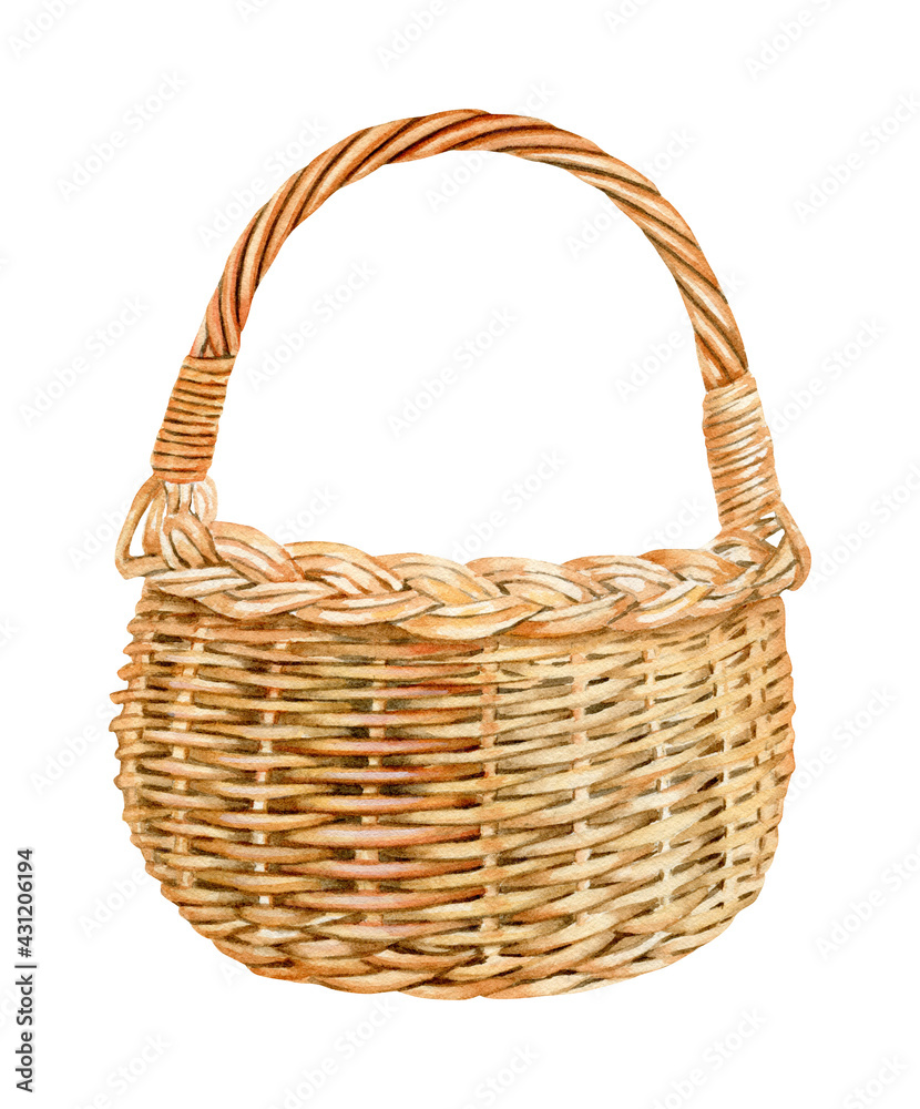 Watercolor illustration with basket isolated on white background.