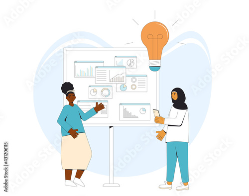 Presentation. Two professionals working together on a project report. Coworkers talking at brainstorming business meeting.