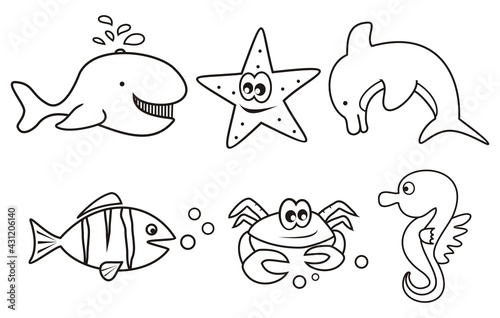 Group of six animals, marine life, whale, starfish, dolphin, fish, crab and seahorse, coloring book, vector illustration