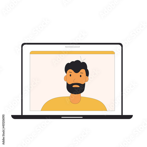 Laptop with man on the sceen. Online video call. Remote work. photo