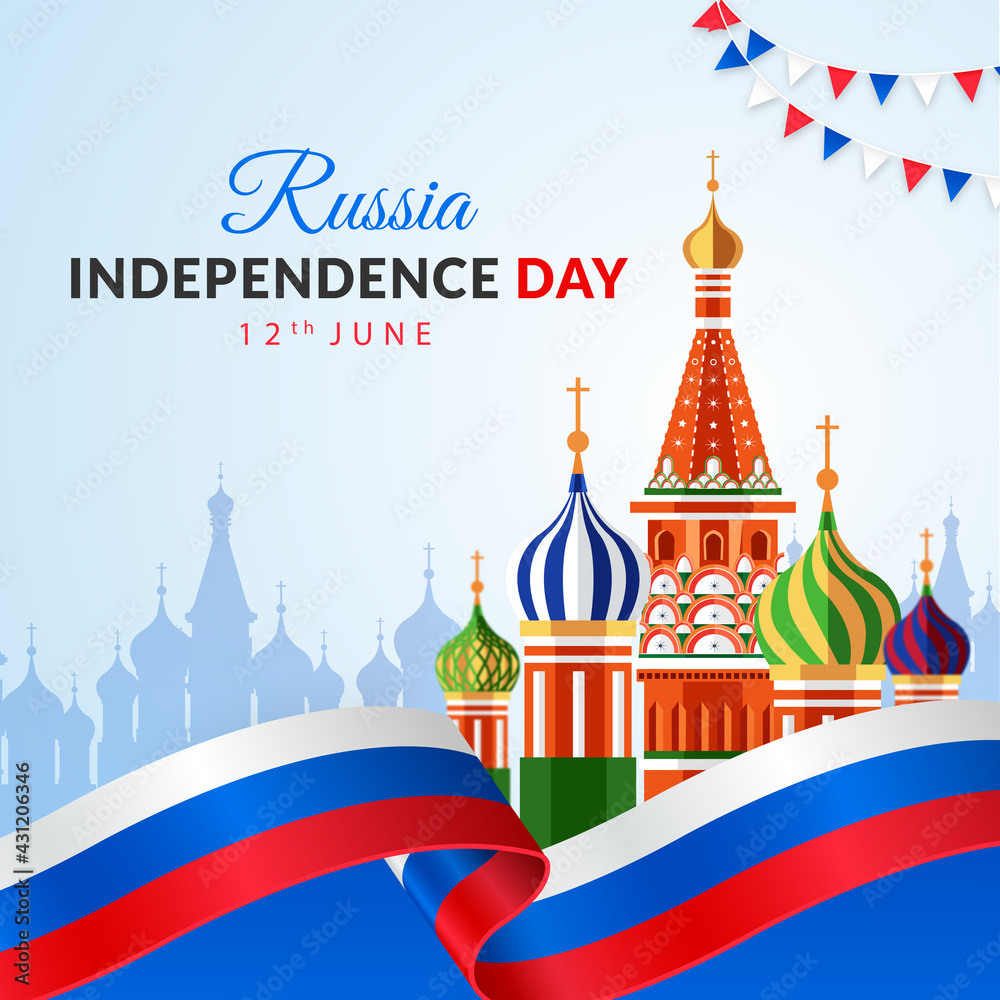 Happy Russia Independence Day Holiday Background with saint basils cathedral & Russian Flag
