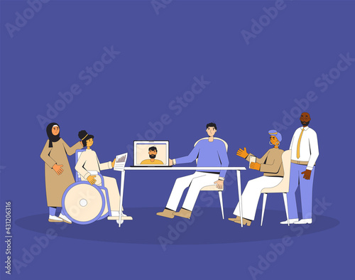 Business meeting. Diverse group of professionals working together on a project. Remote teamwork. Coworkers talking at brainstorming session.