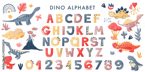 Cartoon cute Dinosaur alphabet. Dino font with letters and numbers. Children Vector illustration for t-shirts, cards, posters, birthday party events, paper design, kids and nursery design