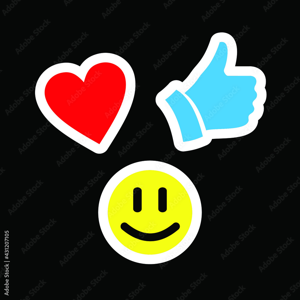 Stickers Like, Red heart, Smile yellow. Stickers Like, Red heart, Smile yellow.