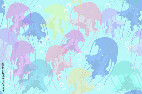 transparent multicolored jellyfish in blue water with air bubbles, seamless vector pattern