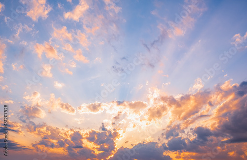 View of of sky. Orange blue and violet color sunset sky background.