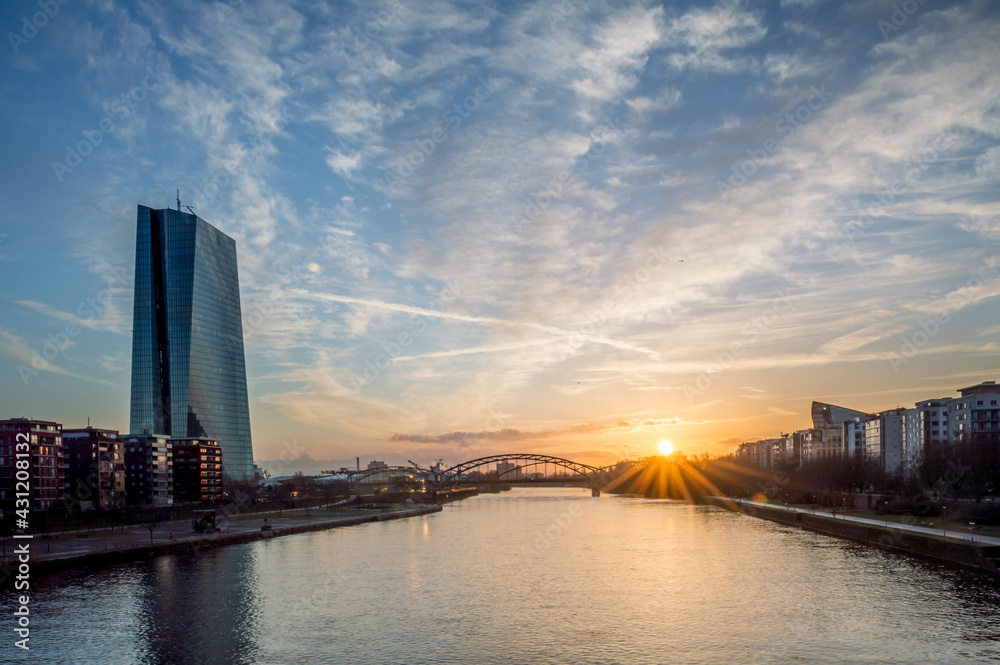 Fototapeta premium Frankfurt am Main, Germany, morning sunrise city skyline with European Central Bank building