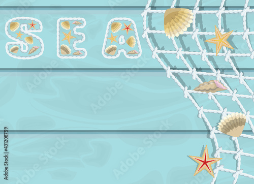 word "sea" made of ropes and shells, illustration with place for text