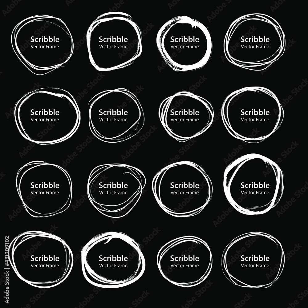 Set of white hand drawn scribble circles. Doodle style sketched design elements for round border frame, logo, labels, badges, notes. Vector grunge brushes stroke. Isolated Set of white hand drawn scribble circles. Doodle style sketched design elements for round border frame, logo, labels, badges, notes. Vector grunge brushes stroke. Isolated