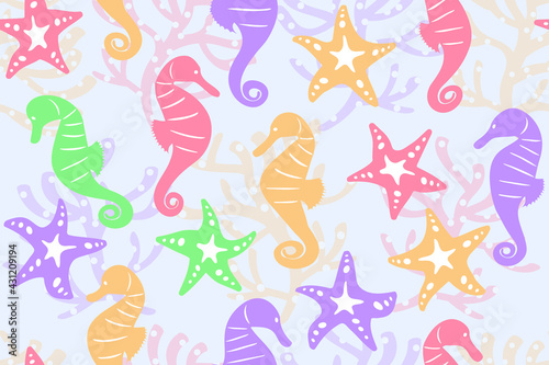 multicolored seahorses and starfish - seamless vector pattern