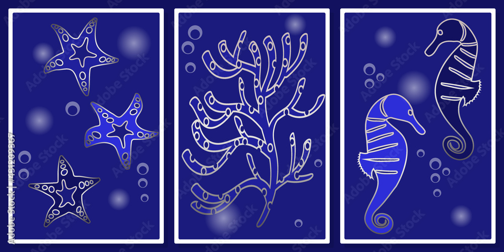 set of luxury silver starfish, seahorses and corals - wall art vector set. For wall art, poster, wallpaper, print. set of luxury silver starfish, seahorses and corals - wall art vector set. For wall art, poster, wallpaper, print.