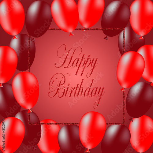 Birthday banner template with 3D flying helium red and dark red balloon. Vector illustration.
