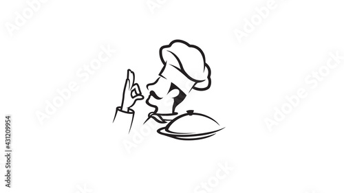 Creative Chef Head Moustache Hat Dish Cartoon Logo Vector Design 