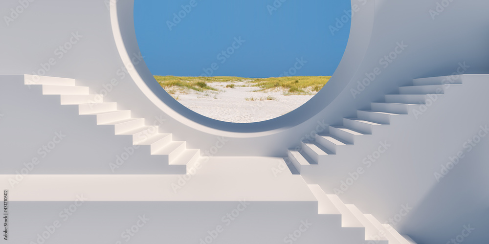 White wall with a round window. Looking on a beach. 3D Rendering Stock ...