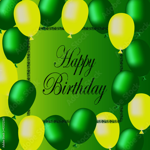 Birthday banner template with 3D flying helium green and yellow balloons. Vector illustration.