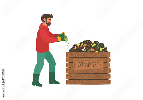 Composting. Man making compost. Recycling concept. 