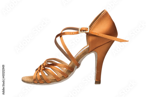 Women's shoes with heels with fasteners. Ballroom dance shoes. White isolated background.