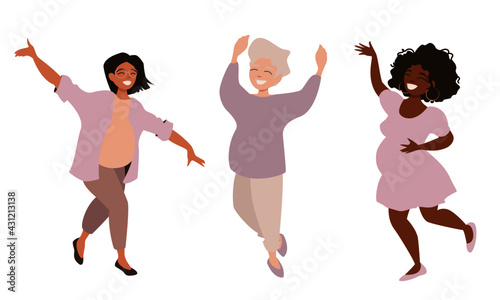 Group of happy pregnant women. Pretty girls are dancing to express and share their joy. Vector illustration isolated on white background.