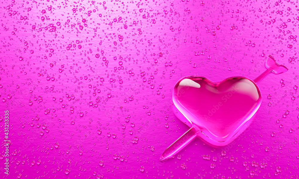 Water droplets in the shape of heart with Arrow embroidered in the meaning of love. A lot of droplets On metallic surfaces in pink and dark pink shades for mobile background or wallpaper.3D Rendering.