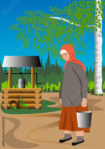 An old woman with a bucket goes to the well for water, against the backdrop of a green forest and birch. 