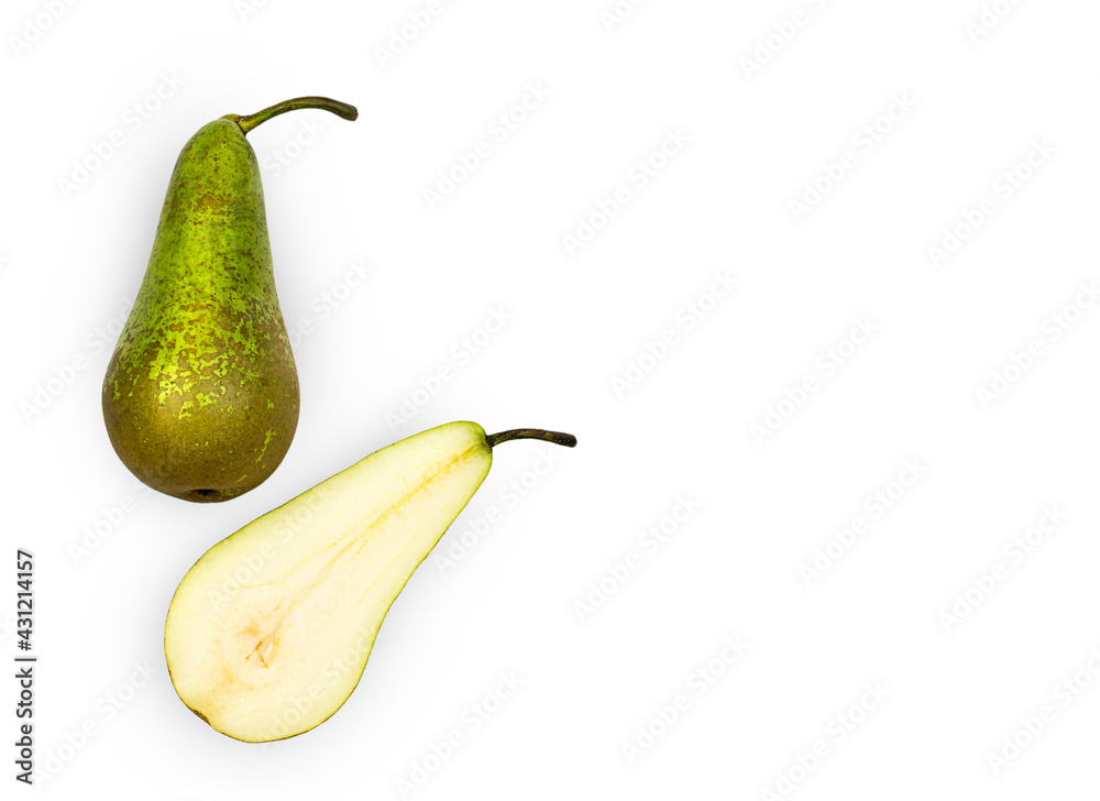 One whole and one split pear are isolated on a white background. Top view.