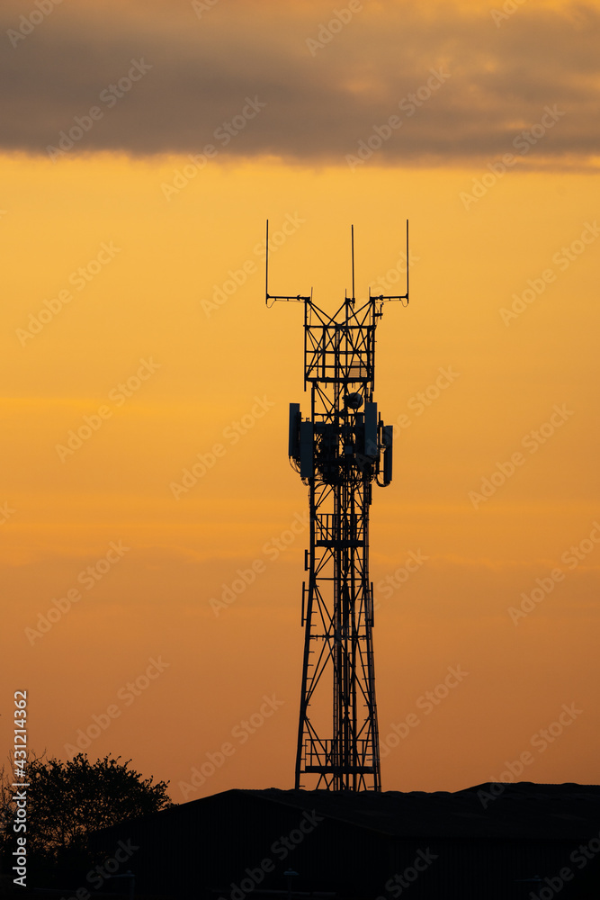 5G controversial radio mobile telephone broadcast transmitter mast silhouette at golden hour sunset. Summer sky with clouds and tree.