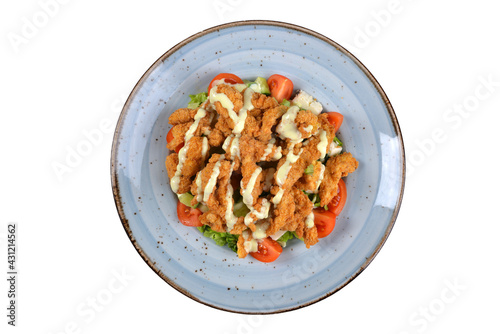 Turkish tuna cajun salad. Homemade cajun salad organic vegetables. top view white background. Turkish cuisine salads