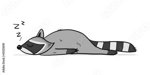 Funny sleeping Racoon character. Isolated on white.