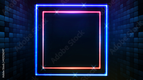 abstract futuristic background of blue neon square frame and lighting spotlgiht stage background
