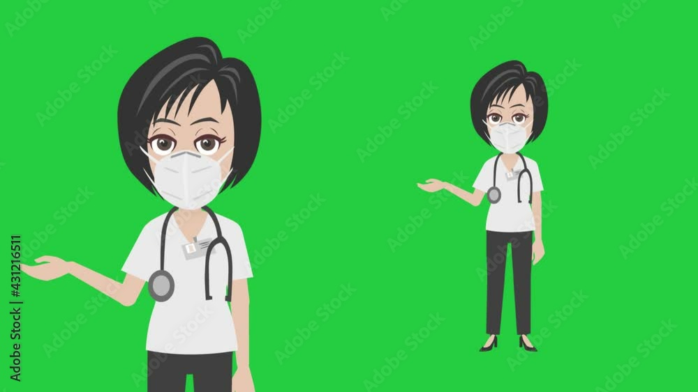 A female doctor wearing a medical protective mask fighting COVID 19 talking in green Chroma background A female doctor wearing a medical protective mask fighting COVID 19 talking in green Chroma background