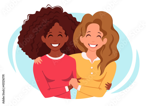 Lesbian couple. Womens hugging. LGBT concept. Multicultural couple. Vector illustration.