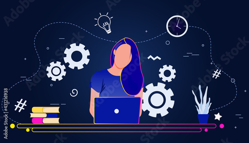 Woman works with a laptop at the work table, looks at the monitor. Gradient linear vector illustration of student studying at home. People working with laptop at home on blue background.