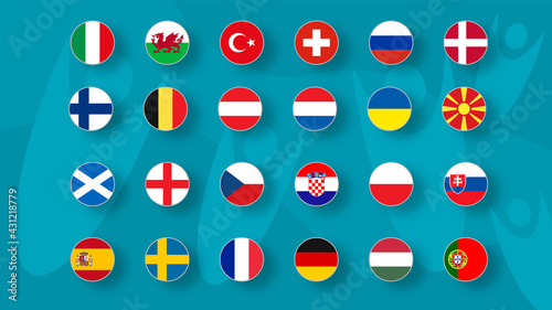 European football tournament 2020. Set of national flags of football teams Euro 2020 on funny backround.