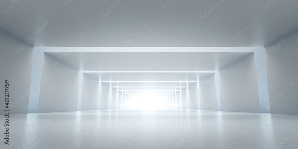 Fototapeta premium Abstract Futuristic tunnel. Sci-fi Long Light Corridor concept. Empty Modern Future white background. 3d rendering