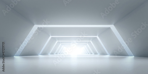 Abstract Futuristic tunnel. Sci-fi Long Light Corridor concept.  Empty Modern Future white background. 3d rendering