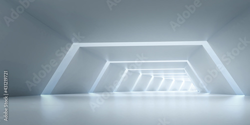 Abstract Futuristic tunnel. Sci-fi Long Light Corridor concept. Empty Modern Future white background. 3d rendering