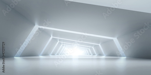 Abstract Futuristic tunnel. Sci-fi Long Light Corridor concept. Empty Modern Future white background. 3d rendering
