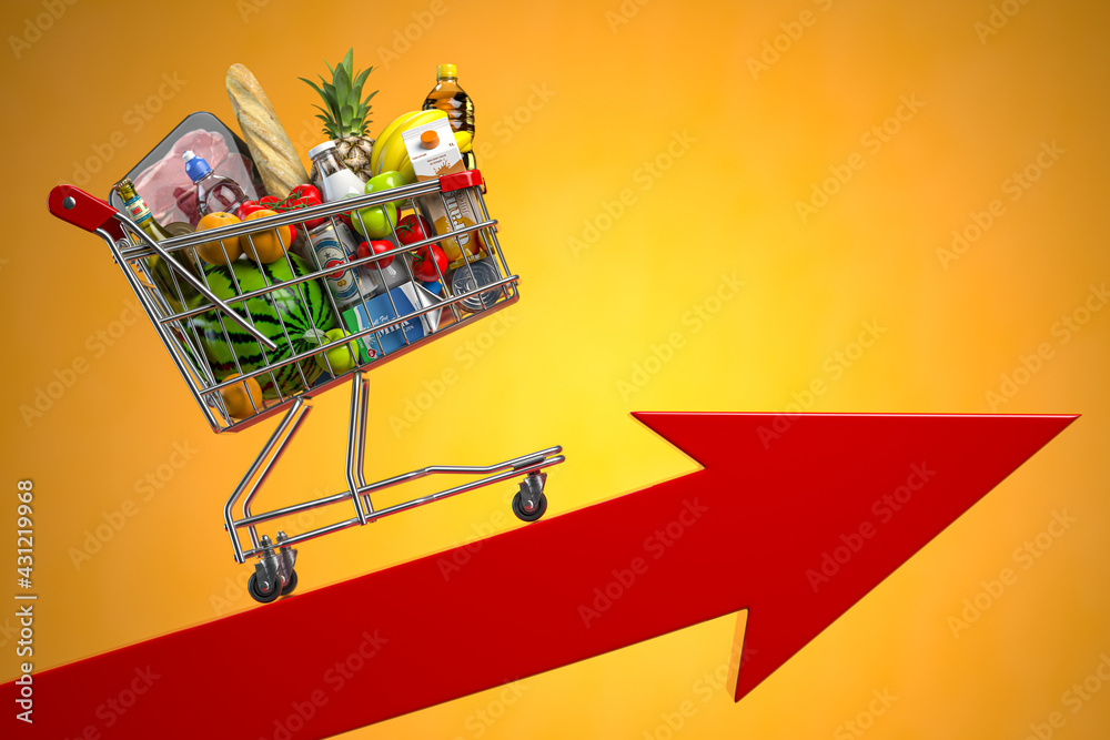 Inflation, growth of food sales, growth of market basket or consumer price  index concept. Shopping basket with foods on arrow. ilustración de Stock |  Adobe Stock