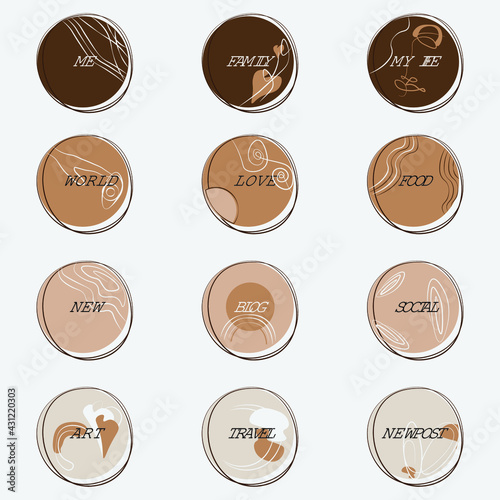 Abstract vector icons with captions for stories in
instagram. Made in the same style in warm light beige and brown tones with abstract elements on different themes. Pictures for the actual.