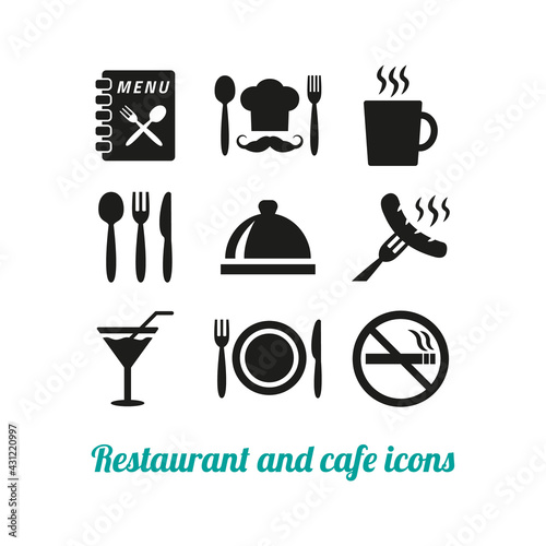 Restaurant and cafe icons set on white background.