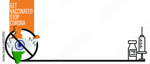 India Concept. Map Template. Coronavirus and Vaccine concept. Prohibited sign. Wuhan coronavirus outbreak flu and pandemic concept banner flat style illustration background
