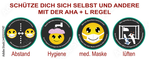 Aha + L Regel mit Emoticons zum Schutz vor Covid-19.