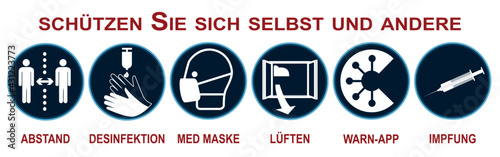 Banner mit Schutzmaßnahmen gegen Covid-19.