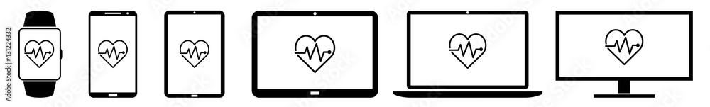 Display Cardiogram, Heartbeat, Beat, Heart, Cardio Icon Devices Set | Web Screen Device Online | Laptop Vector Illustration | Mobile Phone | PC Computer Smartphone Tablet Sign Isolated