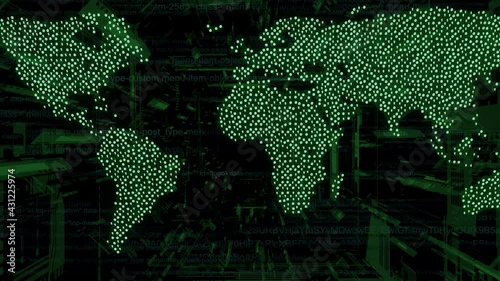A random stream of bits composed by 0 and 1 that constantly change from one state to another flies over the continents of a digital world map, then after a while its close on itself forming a rotating