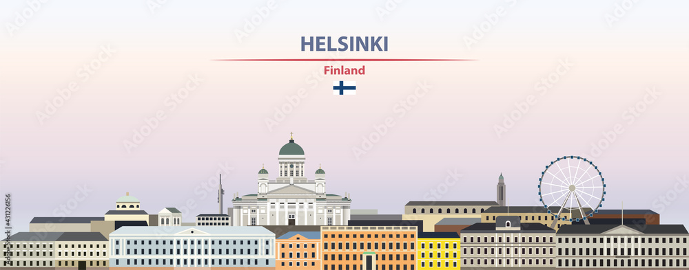Helsinki cityscape on sunset sky background vector illustration with country and city name and with flag of Finland