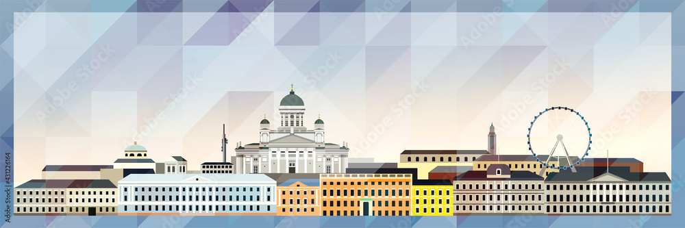 Helsinki skyline vector colorful poster on beautiful triangular texture background