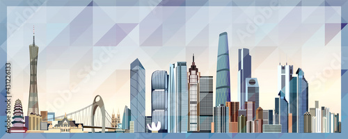 Guangzhou skyline vector colorful poster on beautiful triangular texture background