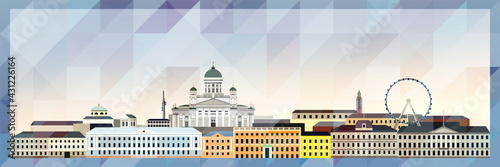 Helsinki skyline vector colorful poster on beautiful triangular texture background